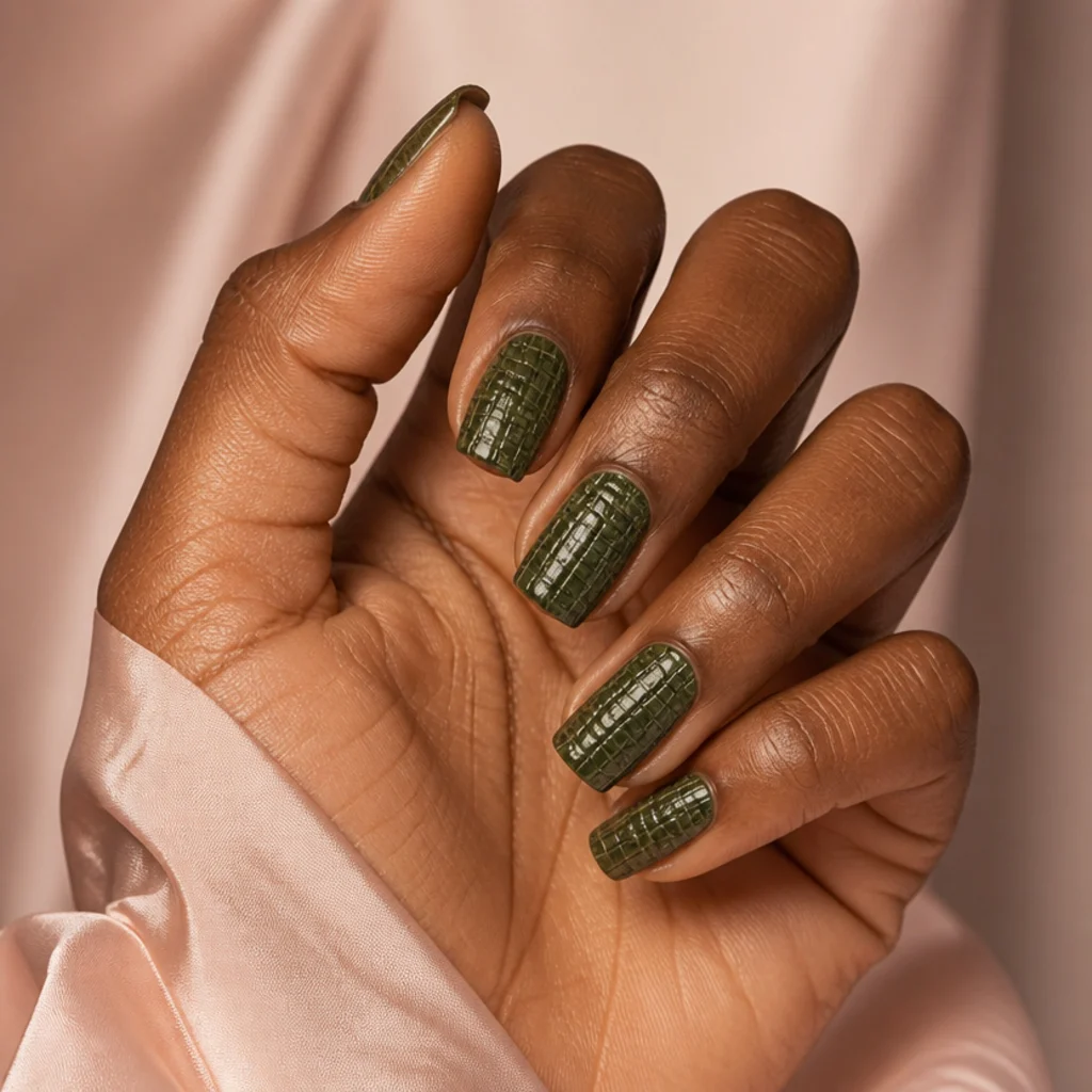 Dark olive green nails with a raised crocodile-skin textured pattern