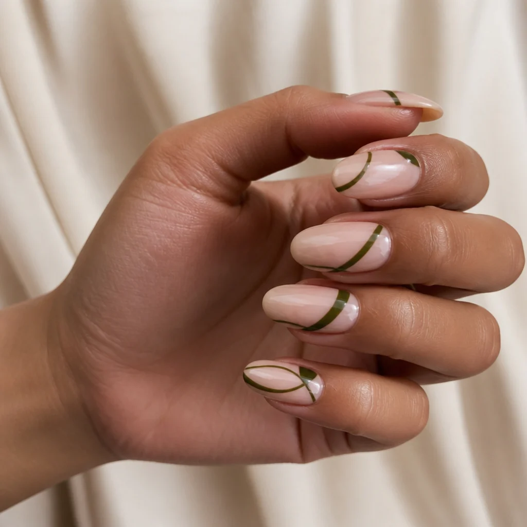 Almond nails using bare negative space with dark olive green geometric shapes