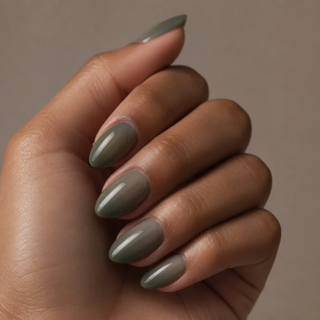 Almond nails with a sheer milky overlay softening a dark olive green base