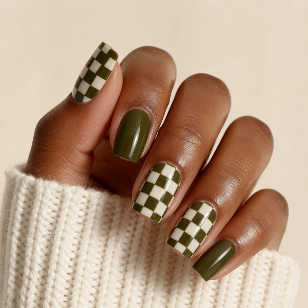 Square nails with a dark olive green and white checkerboard pattern