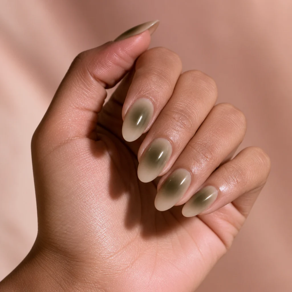 Almond nails with a glowing aura of dark olive green blooming from the center