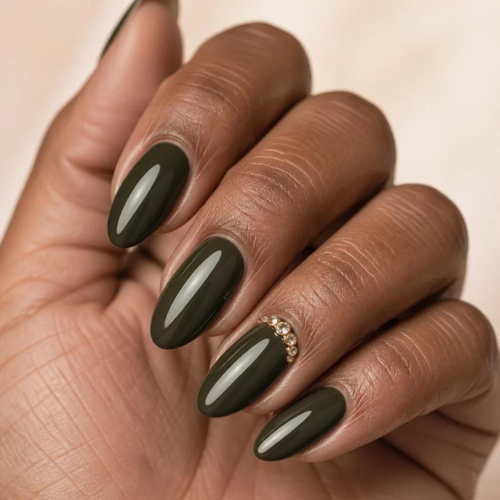 Almond nails in dark olive green with a small cluster of rhinestones near the cuticle