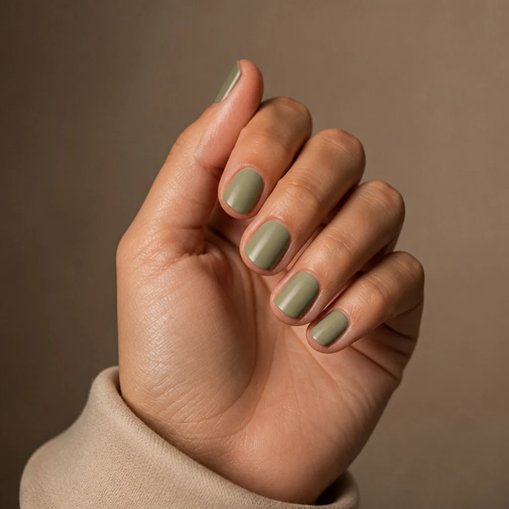 Short round nails in a soft muted olive green on natural-looking hands