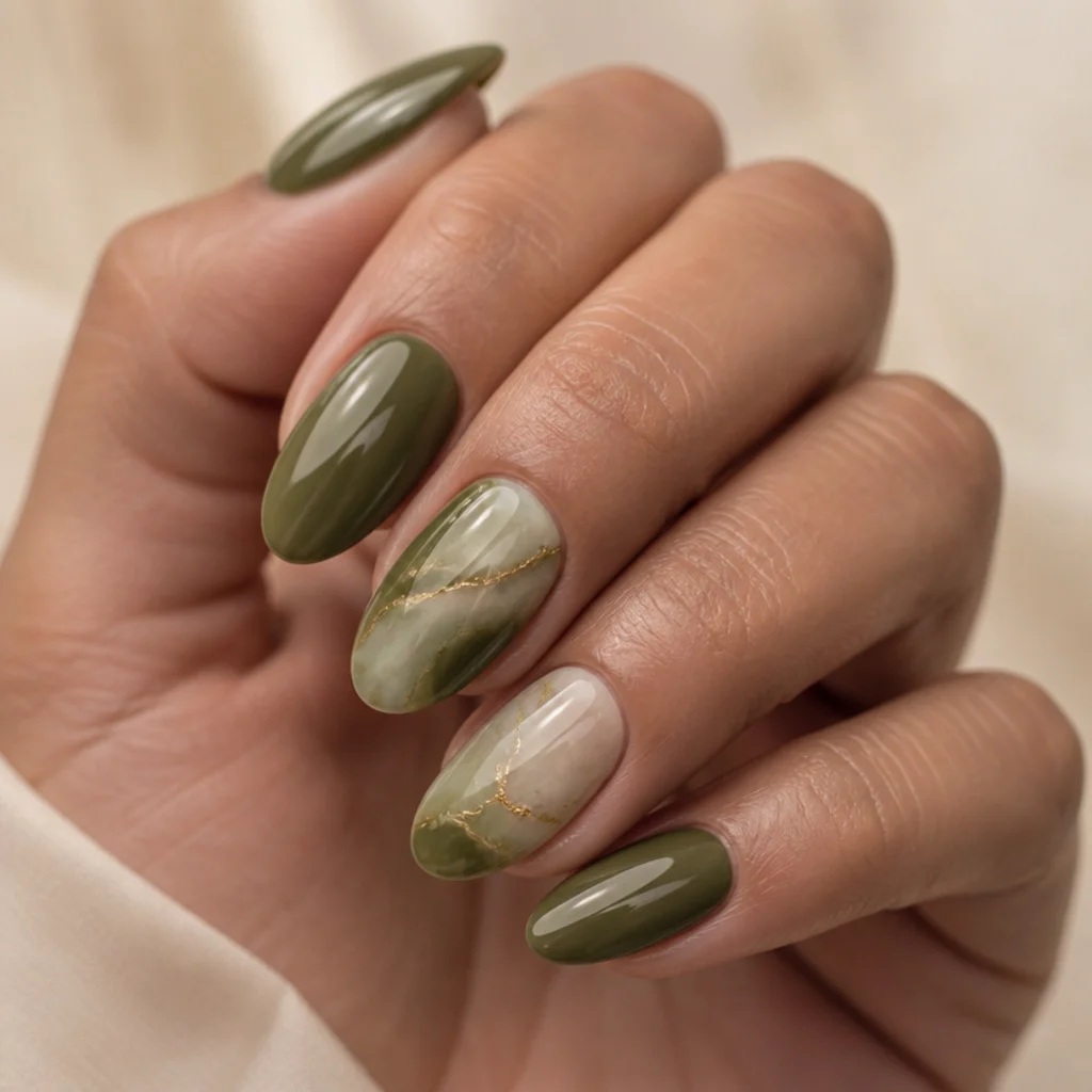 Almond nails with a marble effect blending dark olive green, cream, and thin gold veins