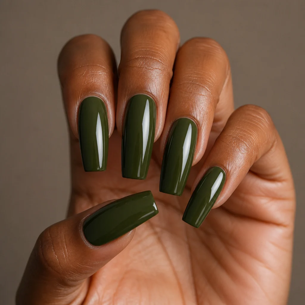 Long coffin nails in deep dark olive green with an ultra-glossy mirror-like shine