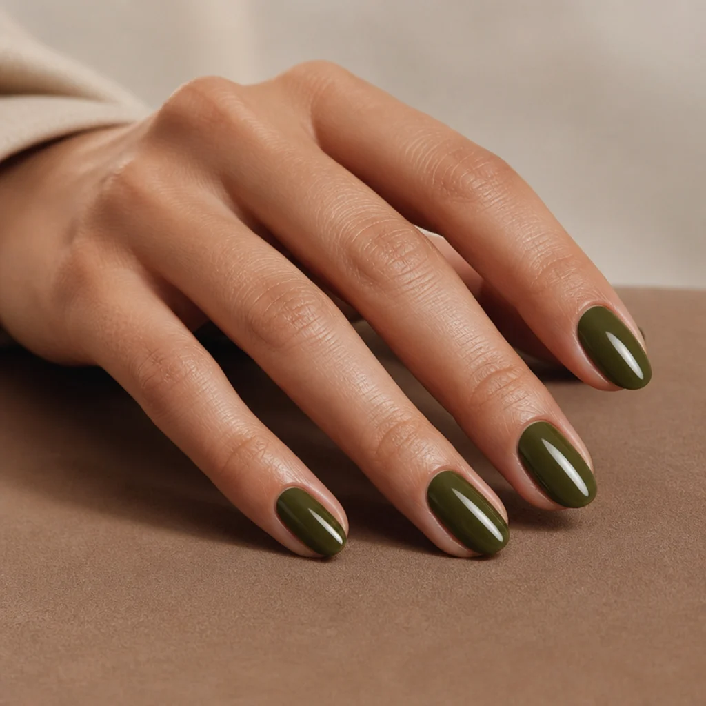 Almond nails painted in glossy dark olive green resting on a warm taupe surface in soft studio light