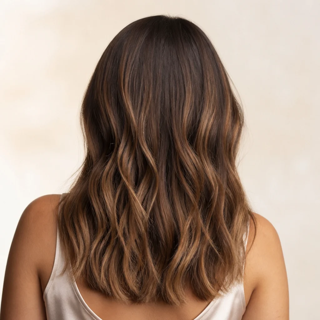Long wavy hair in warm chestnut brown with hand-painted caramel balayage sweeping through the lengths, shot from the back in soft directional light