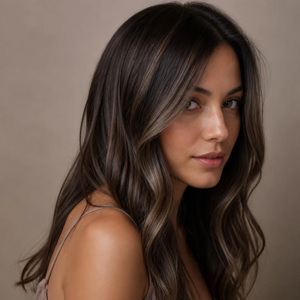 Sleek dark espresso hair with fine cool-toned ash highlights woven through the top layers, three-quarter studio angle showing subtle low-contrast movement