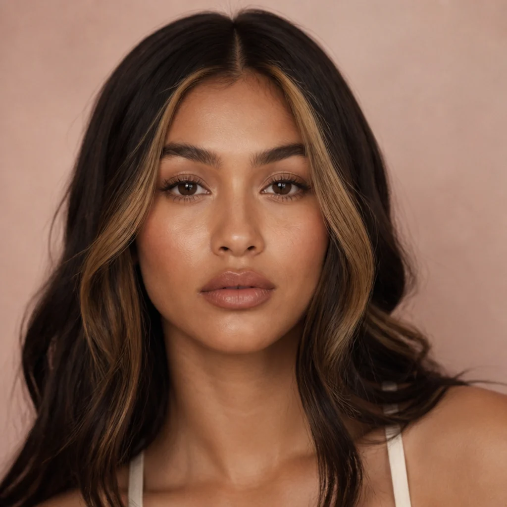 Dark brown hair with two bright caramel money-piece strands framing the face, front-facing beauty portrait drawing light up to the cheekbones