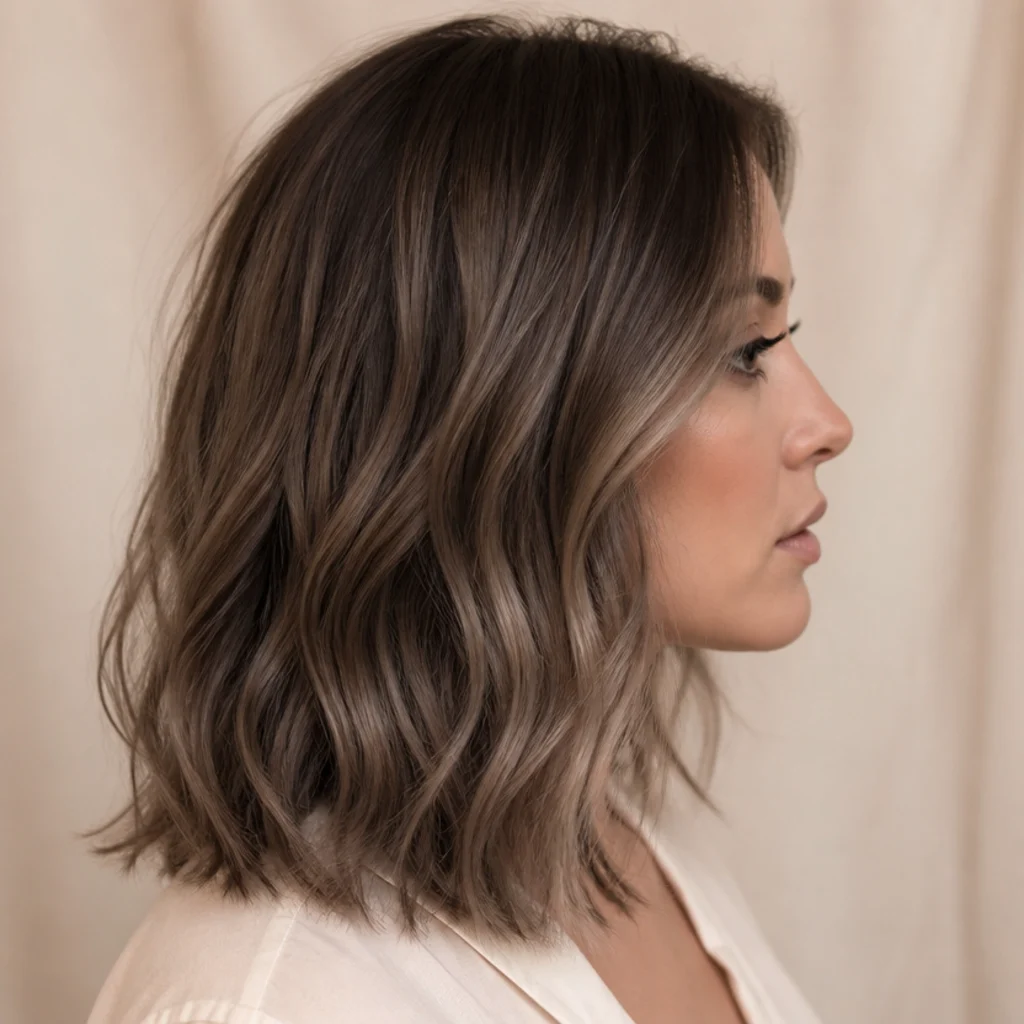 Soft mushroom brown hair blending cool taupe and greige tones in a seamless melt, wavy mid-length shown in side profile