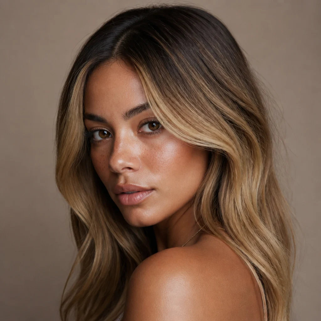 Bronde hair blending light brown and soft blonde, brightest around the face and ends with a deeper brunette root, three-quarter angle