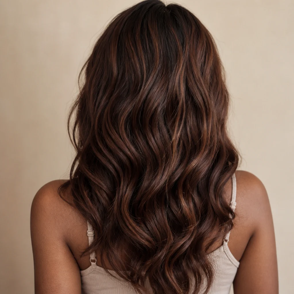 Rich mahogany brown hair with warm copper highlights woven through long waves, back view catching red-gold light along the lengths
