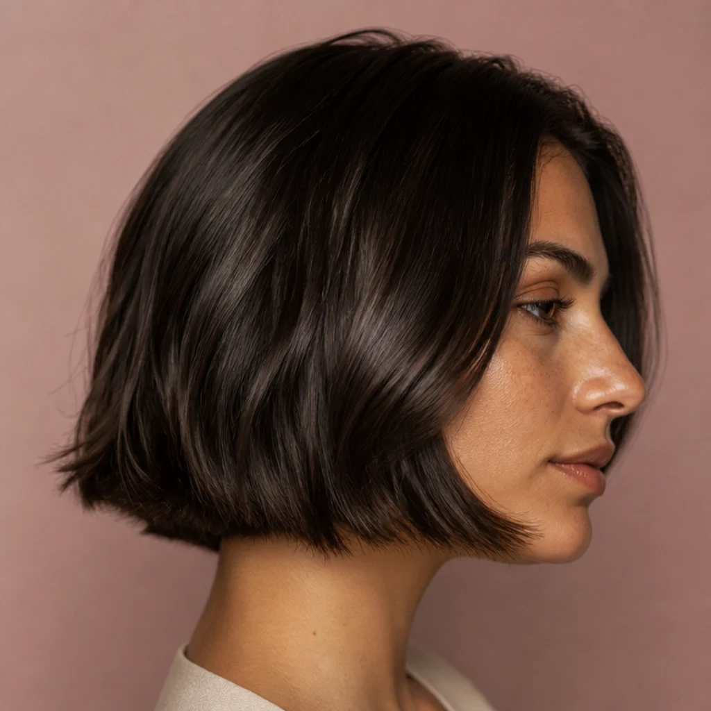 Chin-length brunette bob in smoky cocoa brown with subtle tonal depth and internal shadow, sharp side angle showing a clean line