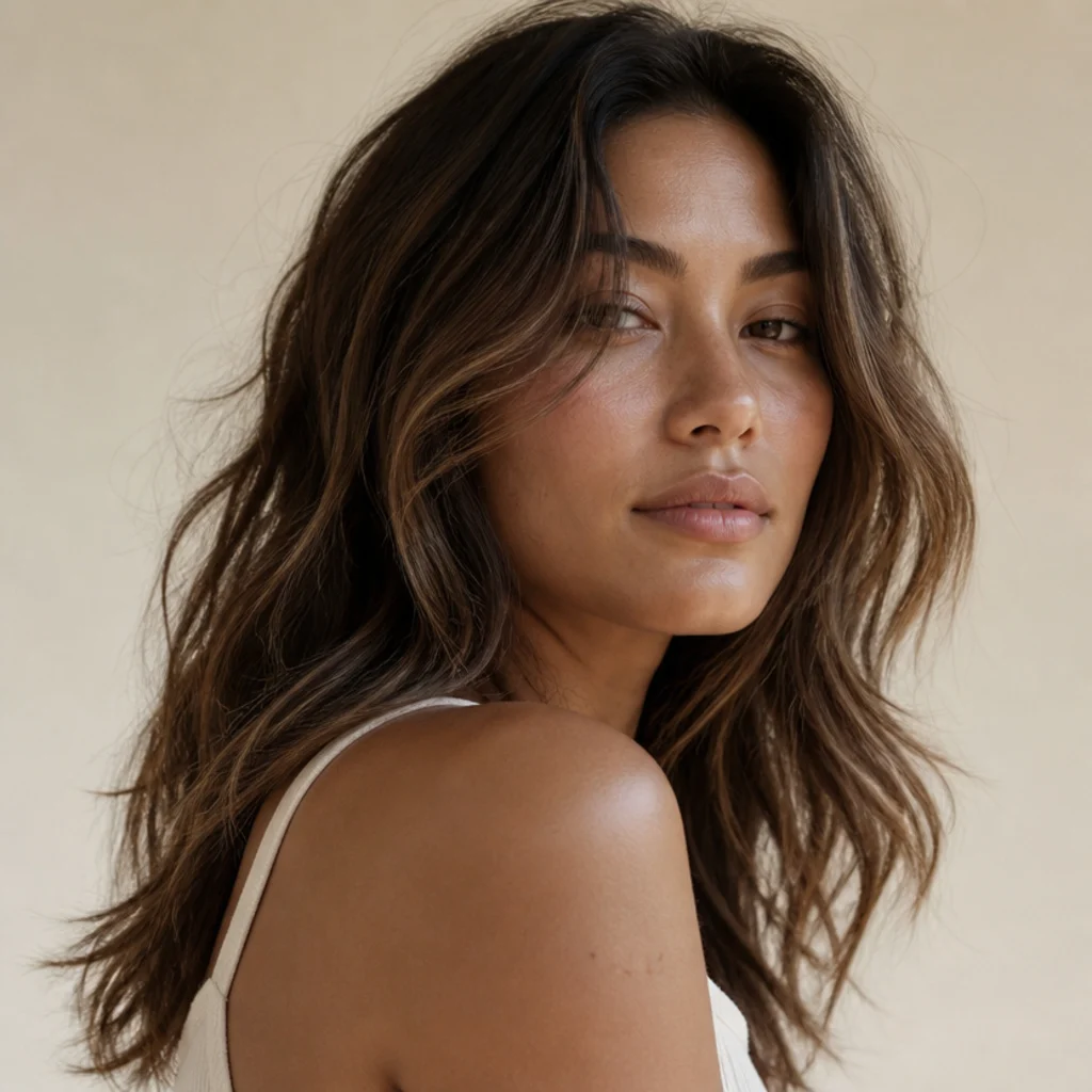 Tousled brunette waves with soft golden sun-kissed lightness scattered through the mid-lengths and ends, breezy three-quarter shot with no defined highlight pattern