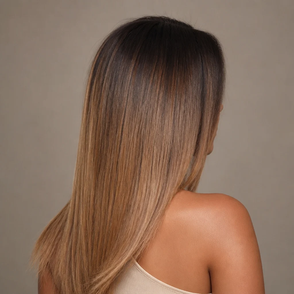 Dark-rooted brunette with a toffee melt through the lengths and a blurred, diffused root smudge, long straight hair shown from the rear
