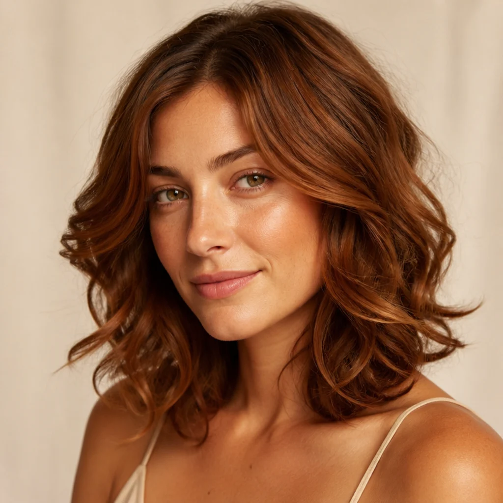 Warm cinnamon-brown hair with soft reddish-gold dimension, medium length in loose curls, front three-quarter view catching warm light