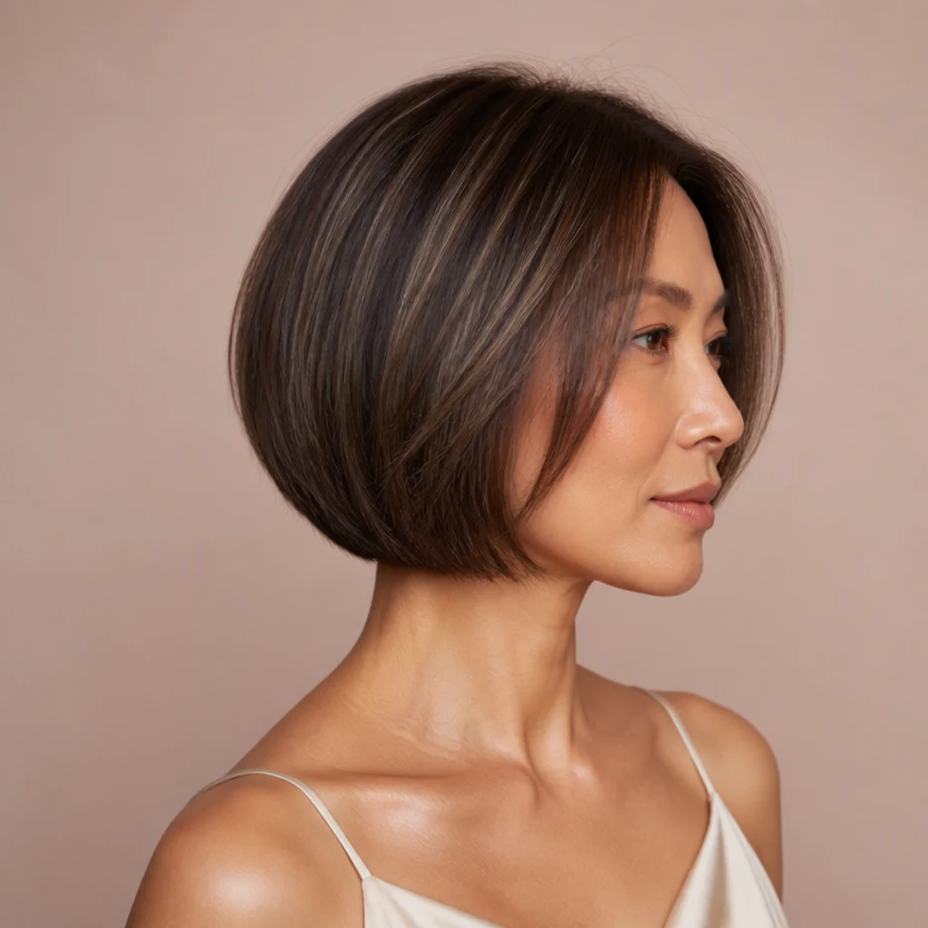 Sleek brunette bob with fine babylights creating soft brightness around the crown and face, sharp studio profile with visible shine
