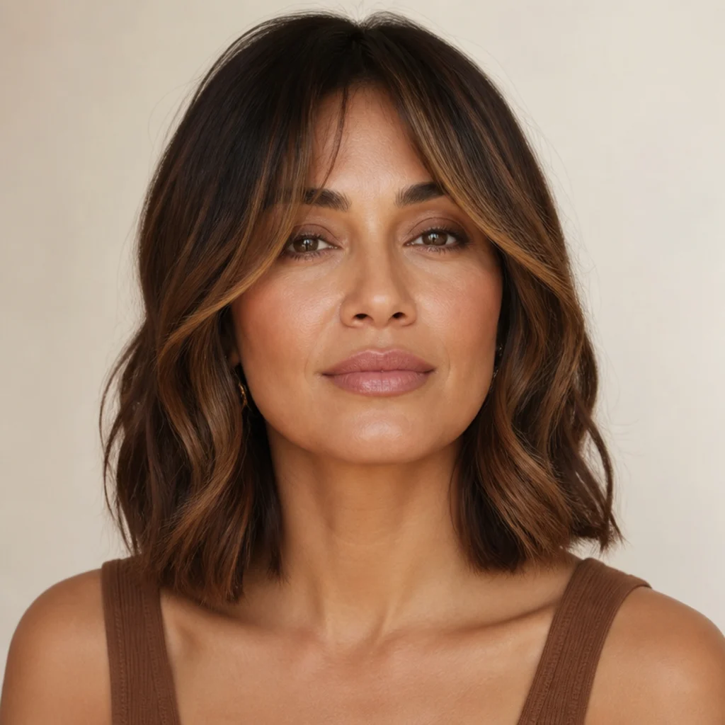 Chestnut brown hair with soft curtain bangs and lighter face-framing pieces, medium length front-facing portrait with the fringe parting away from the face