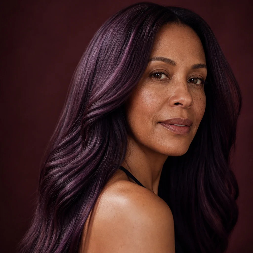 Deep brunette hair with a subtle berry-plum undertone surfacing in the light, long sleek hair at a three-quarter angle