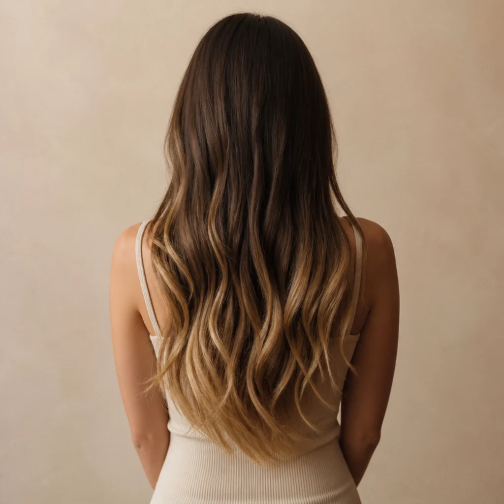 Long brunette hair fading from dark roots to bronde ends in a smooth vertical ombre, full-length back view showing the gradient