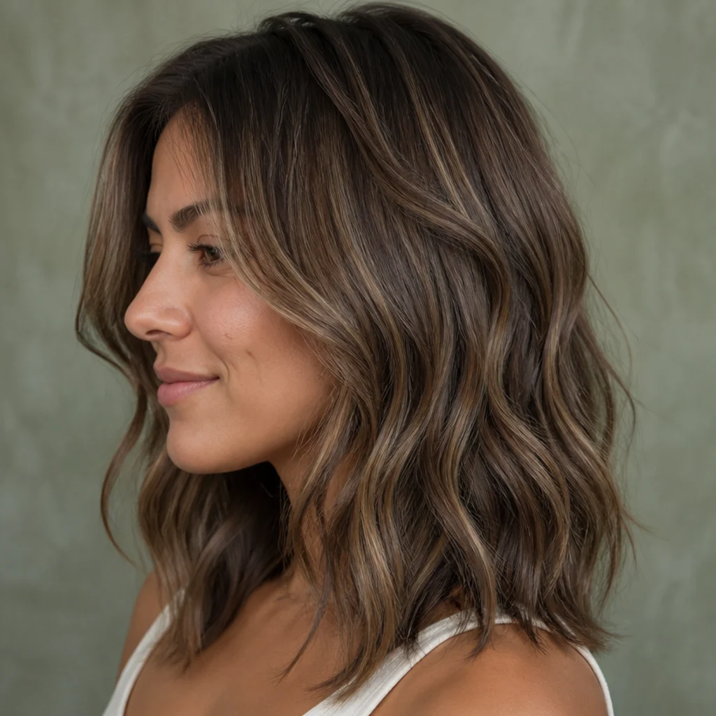 Previously highlighted hair with ash-brown lowlights painted back in for depth, cool-toned wavy mid-length shown in side view
