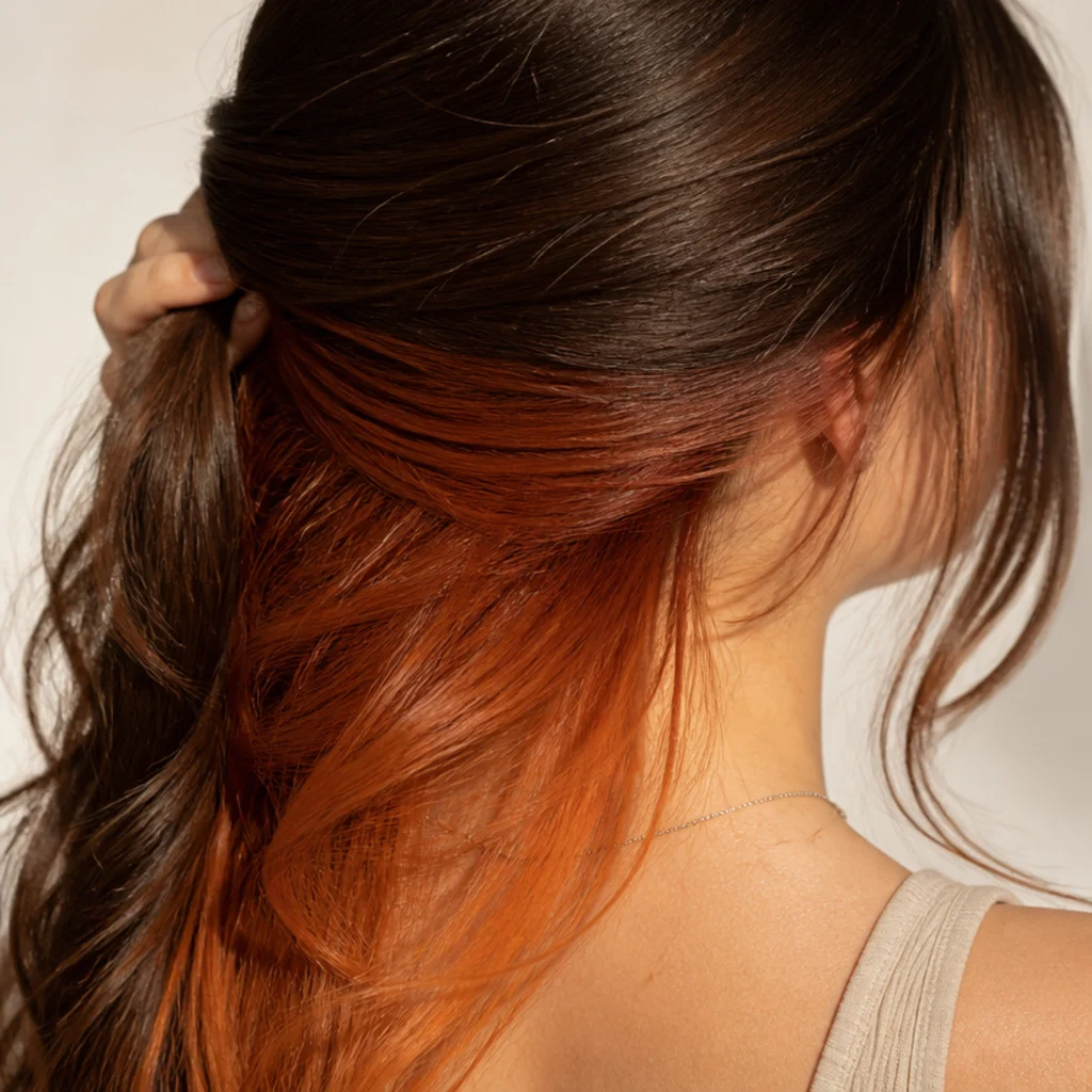 Brunette hair lifted to reveal hidden copper peekaboo panels underneath, hair flipped over showing the concealed warm layer from the back
