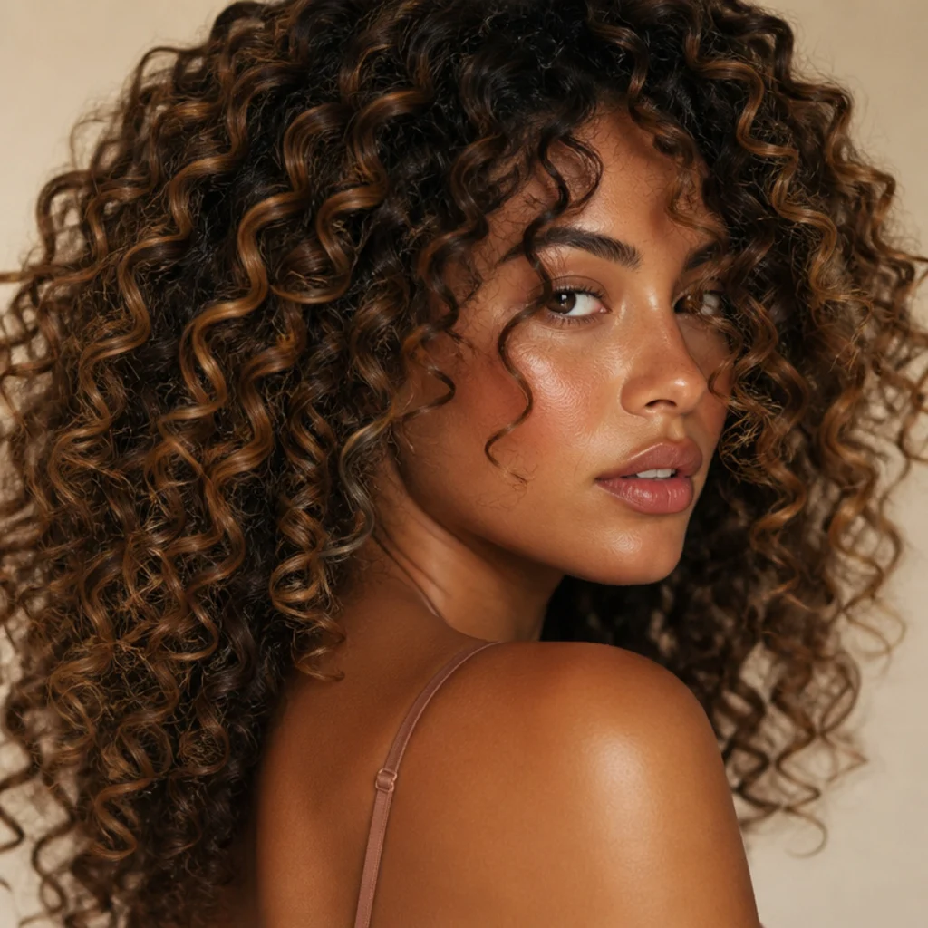 Curly brunette hair with honey-toned ribbons painted along the curl pattern, voluminous three-quarter portrait with brightness catching each coil