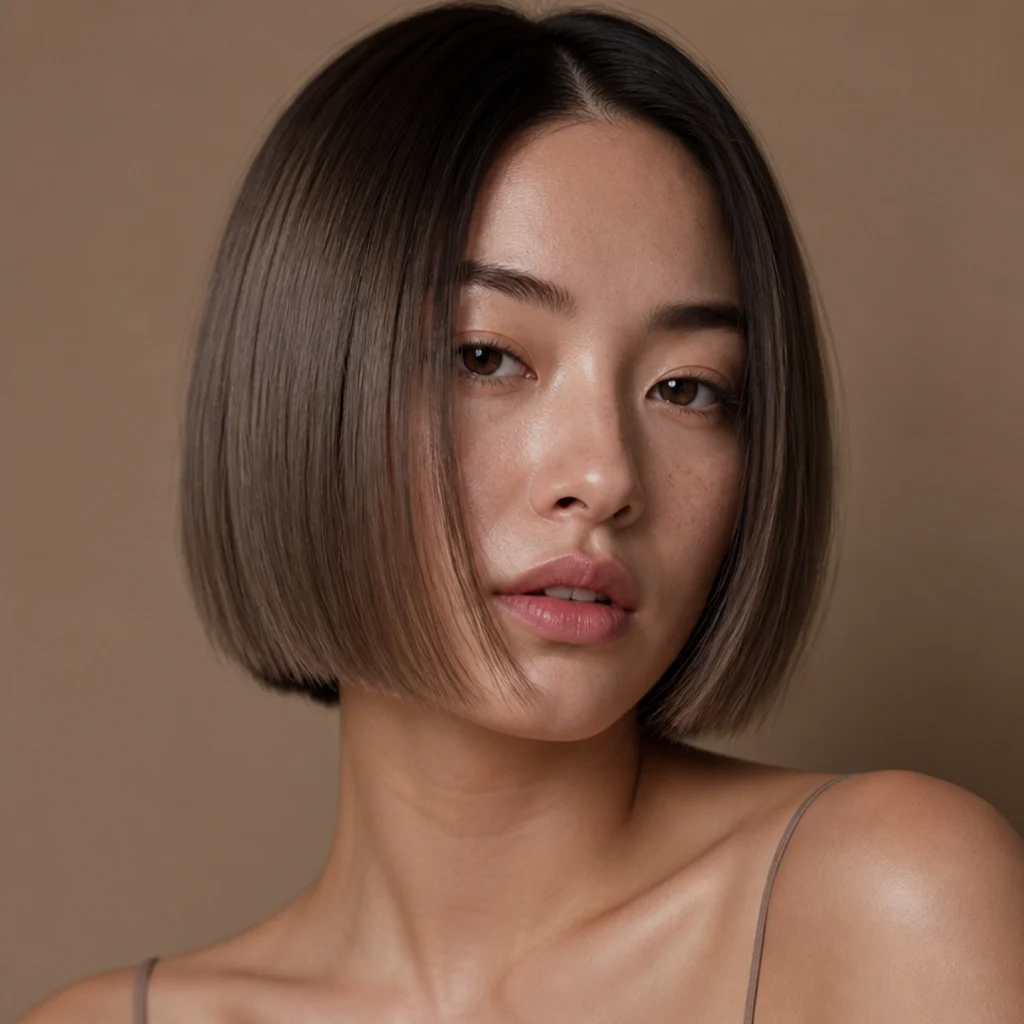 Chin-length cool mocha bob with a deliberate darker shadow root, glossy straight finish shown front-facing with a smooth line