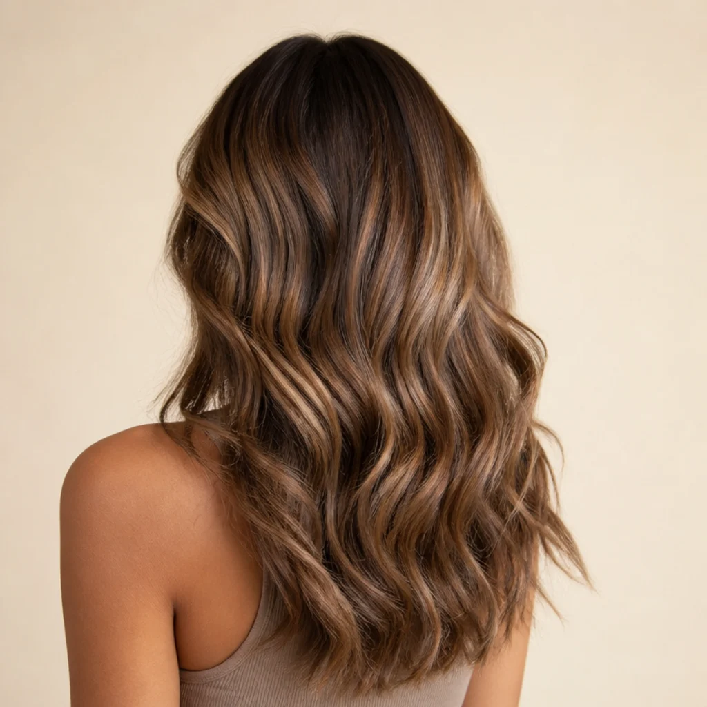 Warm hazelnut brown hair with seamless teasylight blending for soft high-contrast dimension, long waves shown from the back angle
