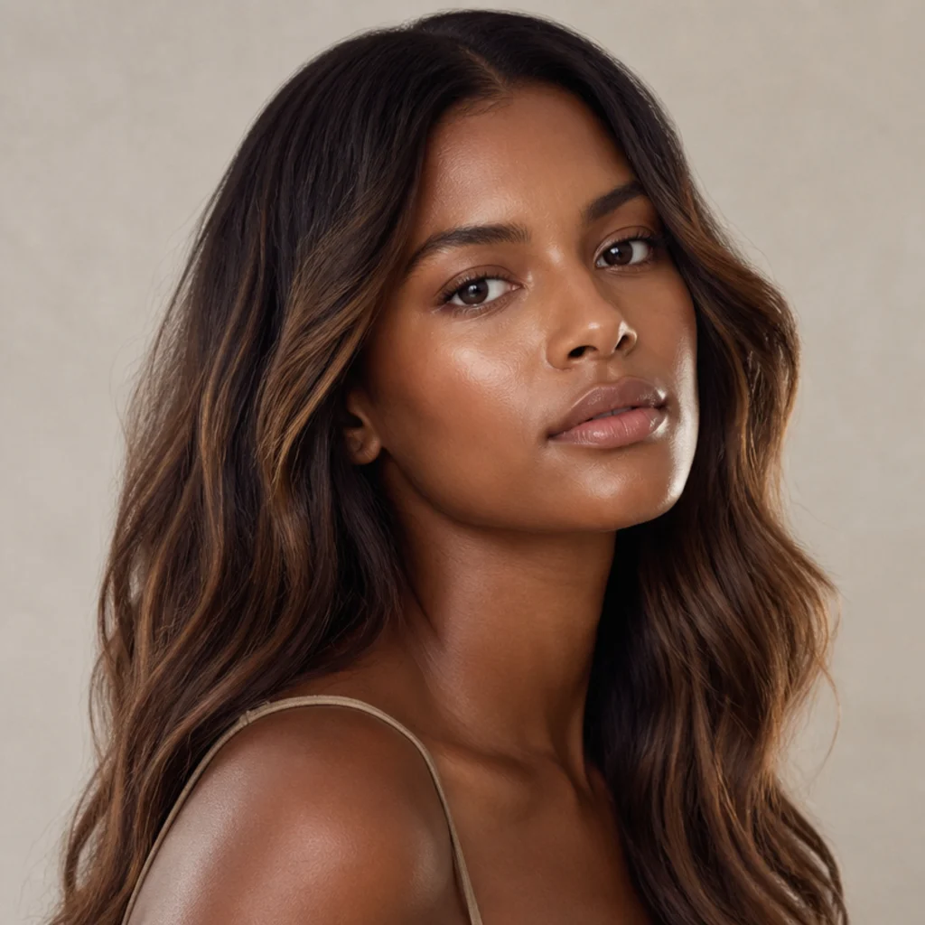 Deep brunette hair with warm bronzed caramel dimension traveling through the lengths, radiant three-quarter portrait on a model with deep skin