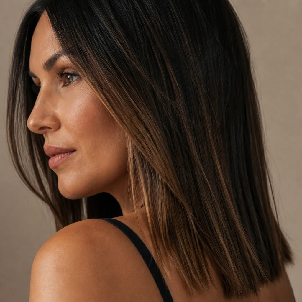 Side profile of a brunette with thin caramel balayage ribbons blended through the mid-lengths and ends