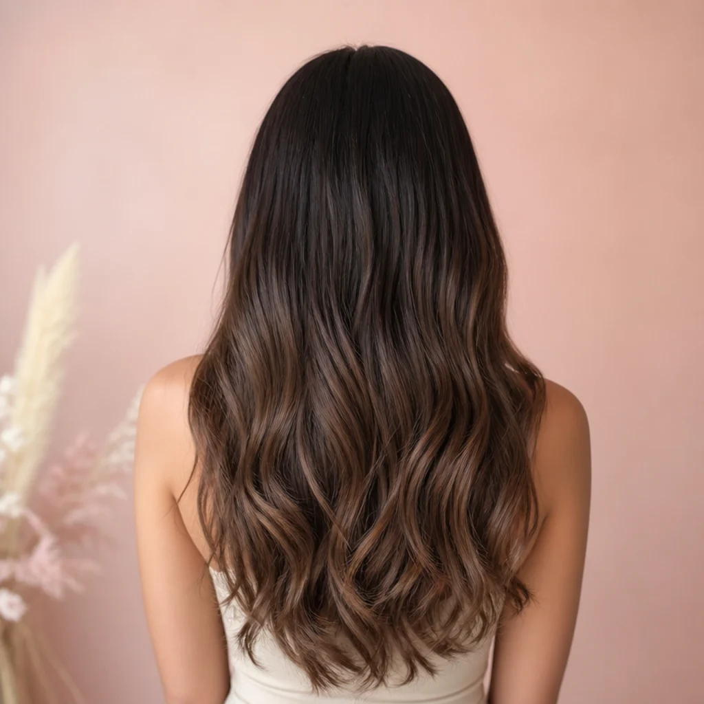 Back view of long brunette hair showing a seamless mocha color melt from dark roots to warm mid-brown ends