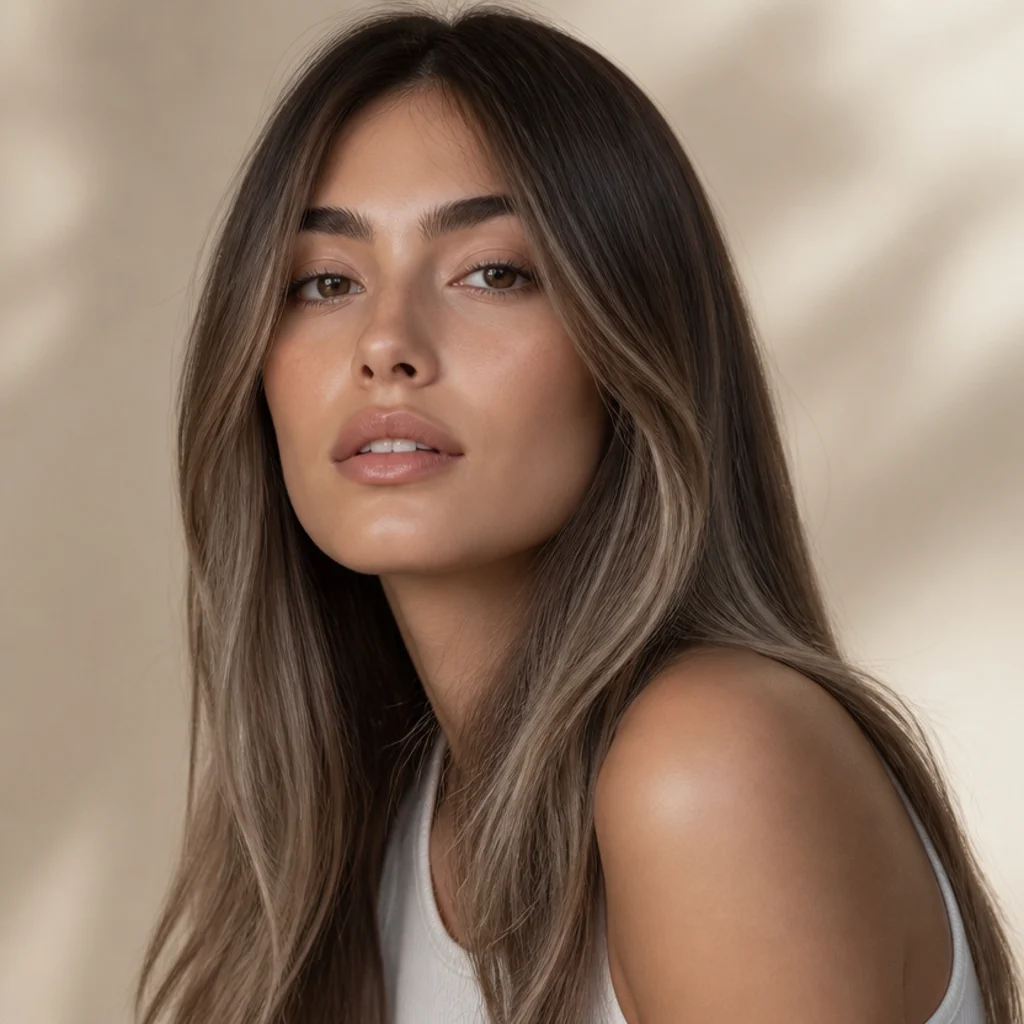 Three-quarter view of straight brunette hair in cool ashy mushroom brown with subtle taupe dimension