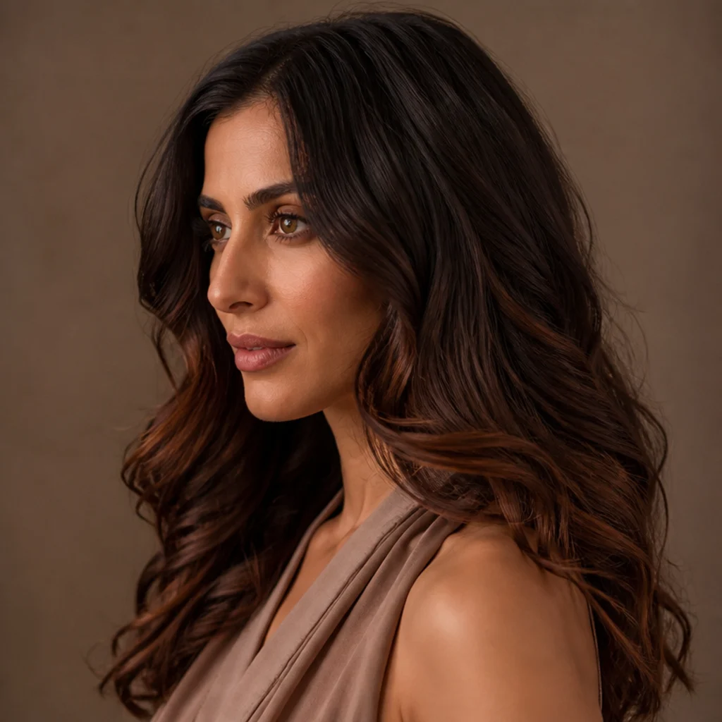 Side angle of wavy brunette hair in a rich chocolate base with warm chestnut balayage through the waves