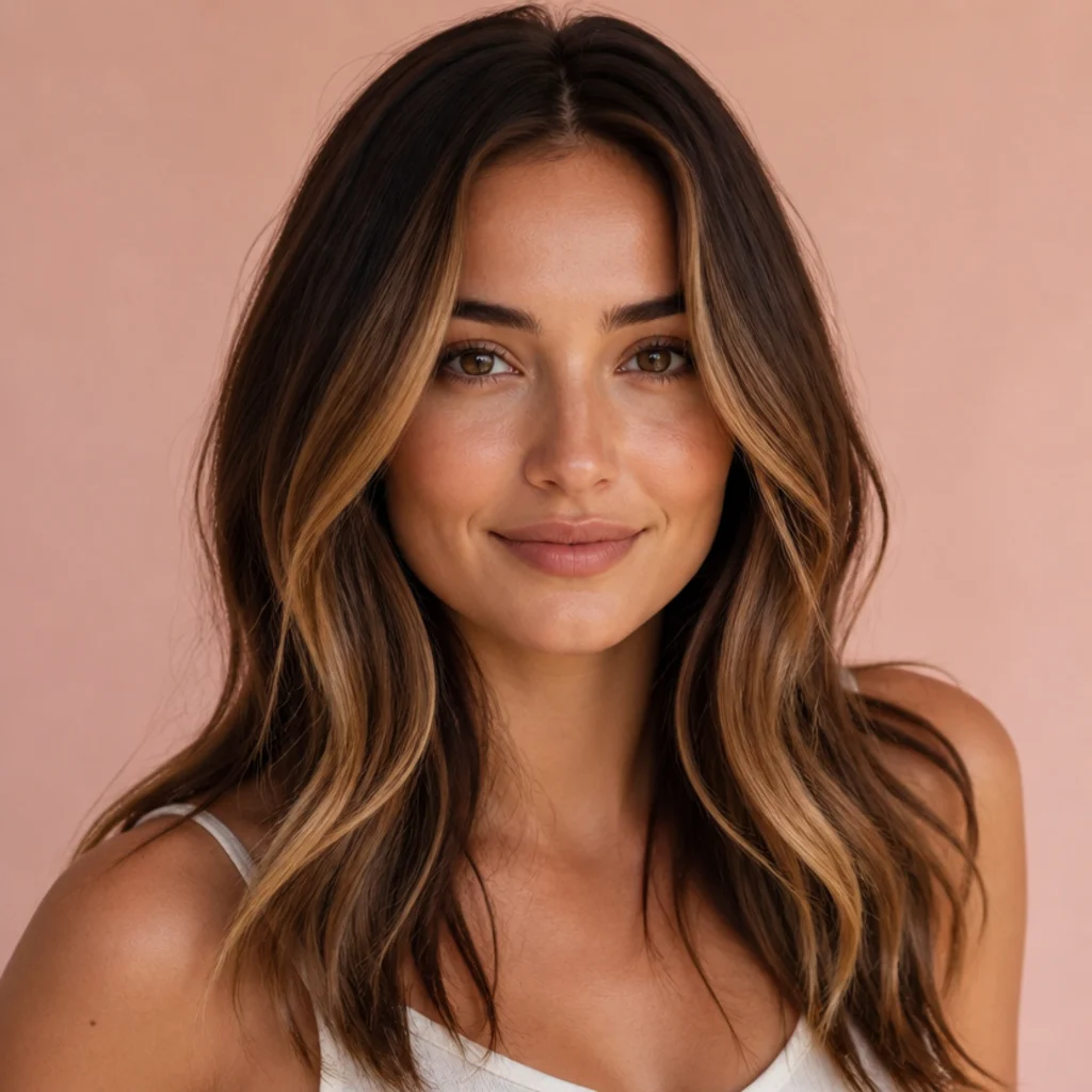 Front-facing brunette with bright honey balayage concentrated around the face and softer pieces behind