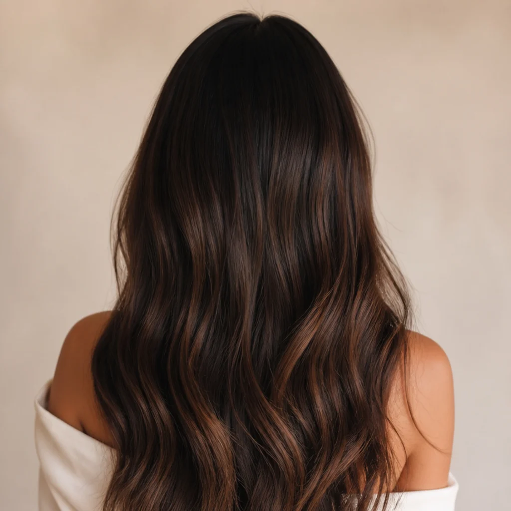 Back view of dark brunette hair with a deep espresso root melting into subtle warm-brown balayage