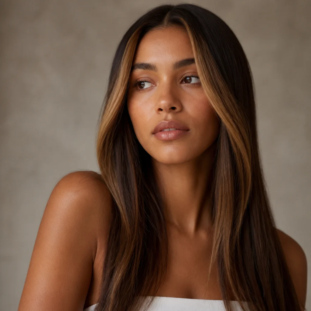 Three-quarter view of brunette hair with two bold toffee money-piece sections framing the face