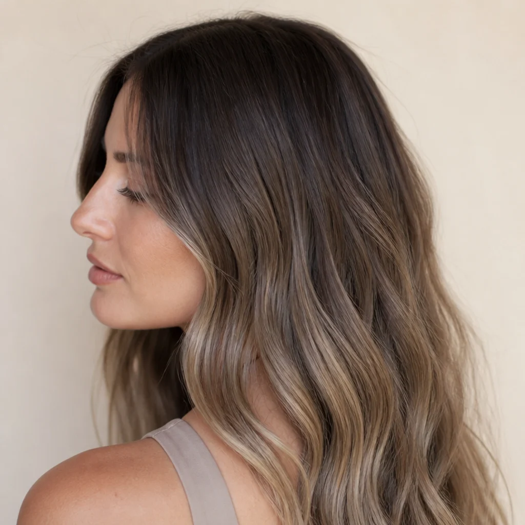 Side profile of brunette-to-bronde hair with cool ashy balayage lifting the lengths several shades