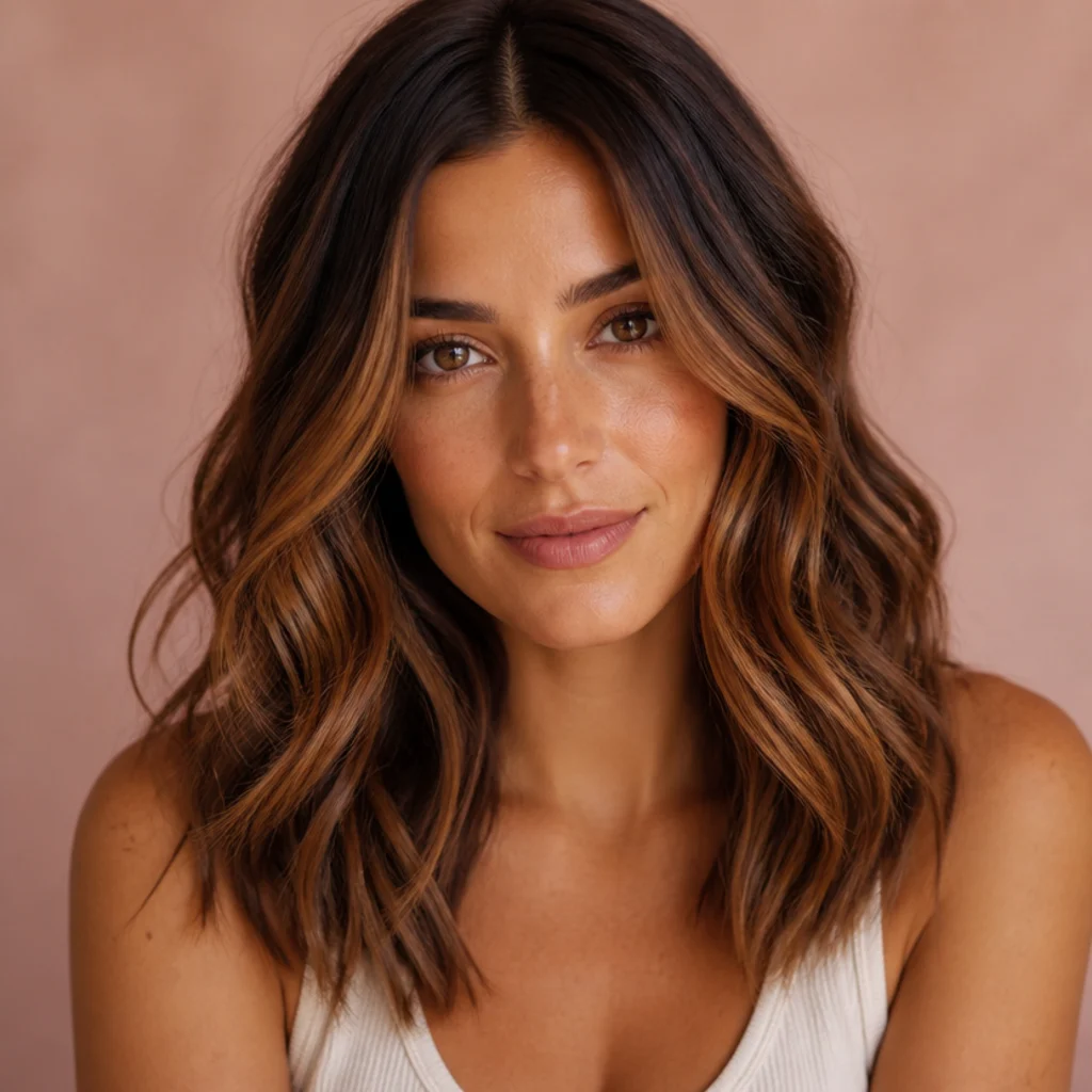 Front-facing warm brunette with cinnamon and soft copper balayage glowing through the mid-lengths