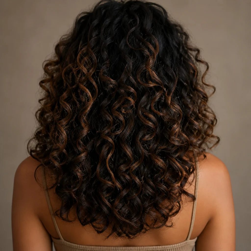 Back view of textured curly brunette hair with bronze balayage painted to catch each curl