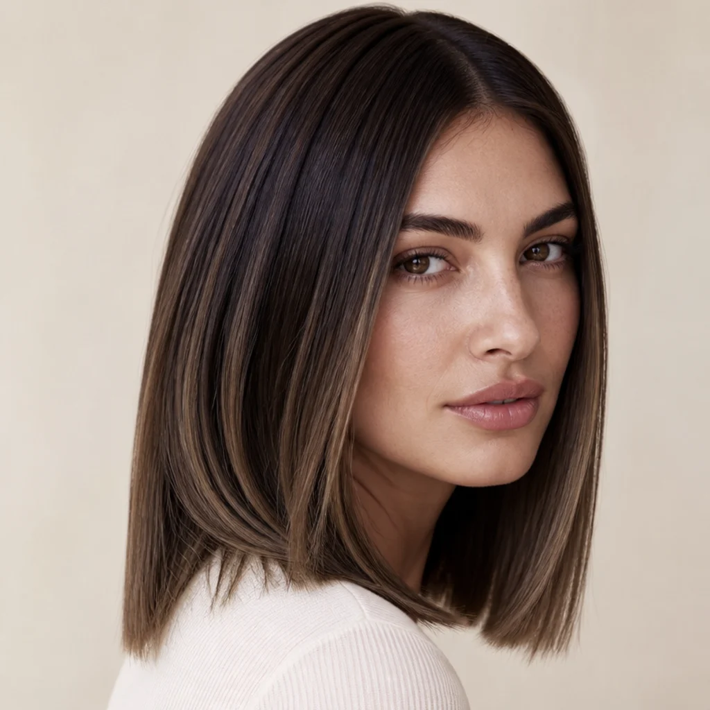 Three-quarter view of straight brunette hair in deep cool walnut brown with soft muted dimension