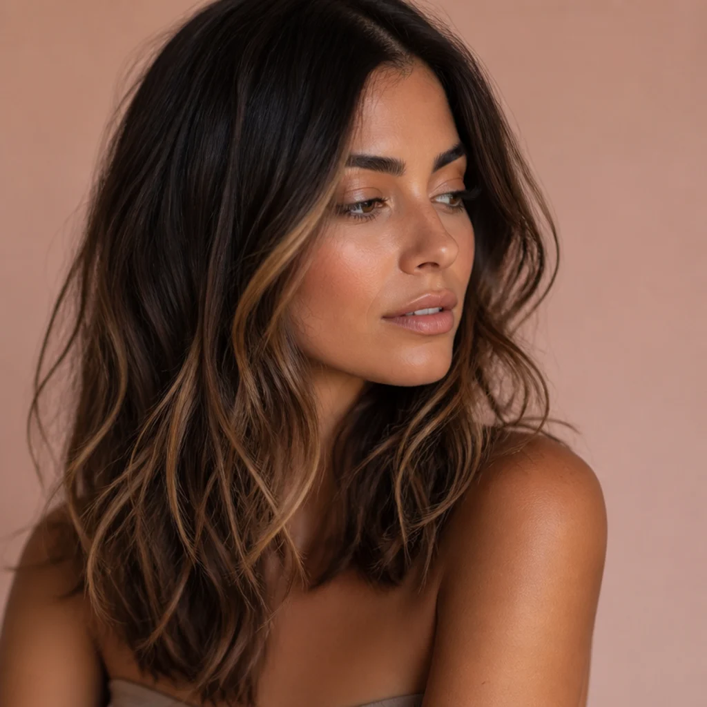 Side angle of tousled brunette waves with soft sun-grazed balayage scattered through the ends