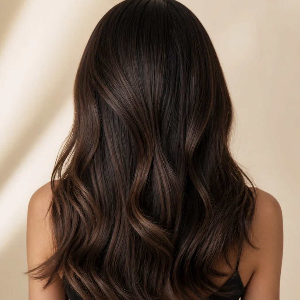 Back view of long deep brunette hair with fine tonal balayage adding quiet depth to a dark base