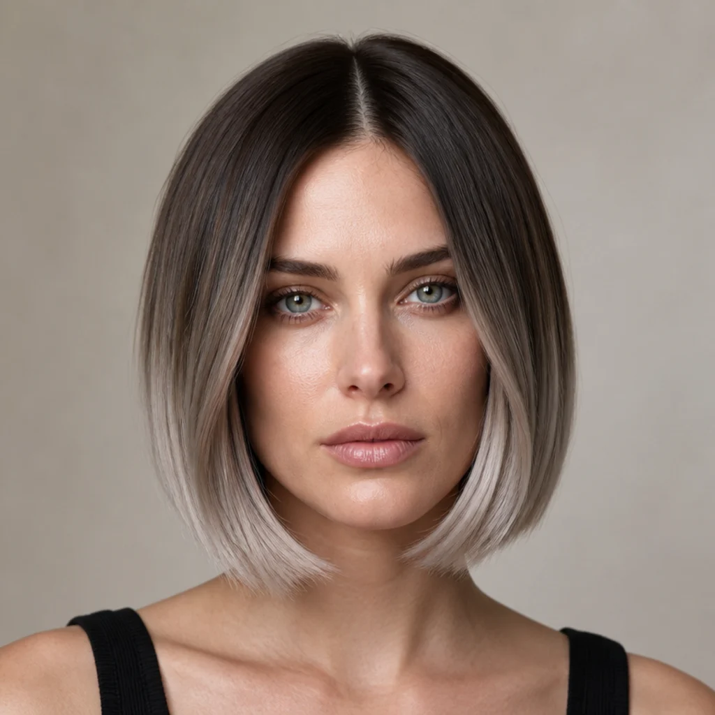 Front-facing brunette bob with cool pearl-toned balayage brightening the ends of a sharp cut
