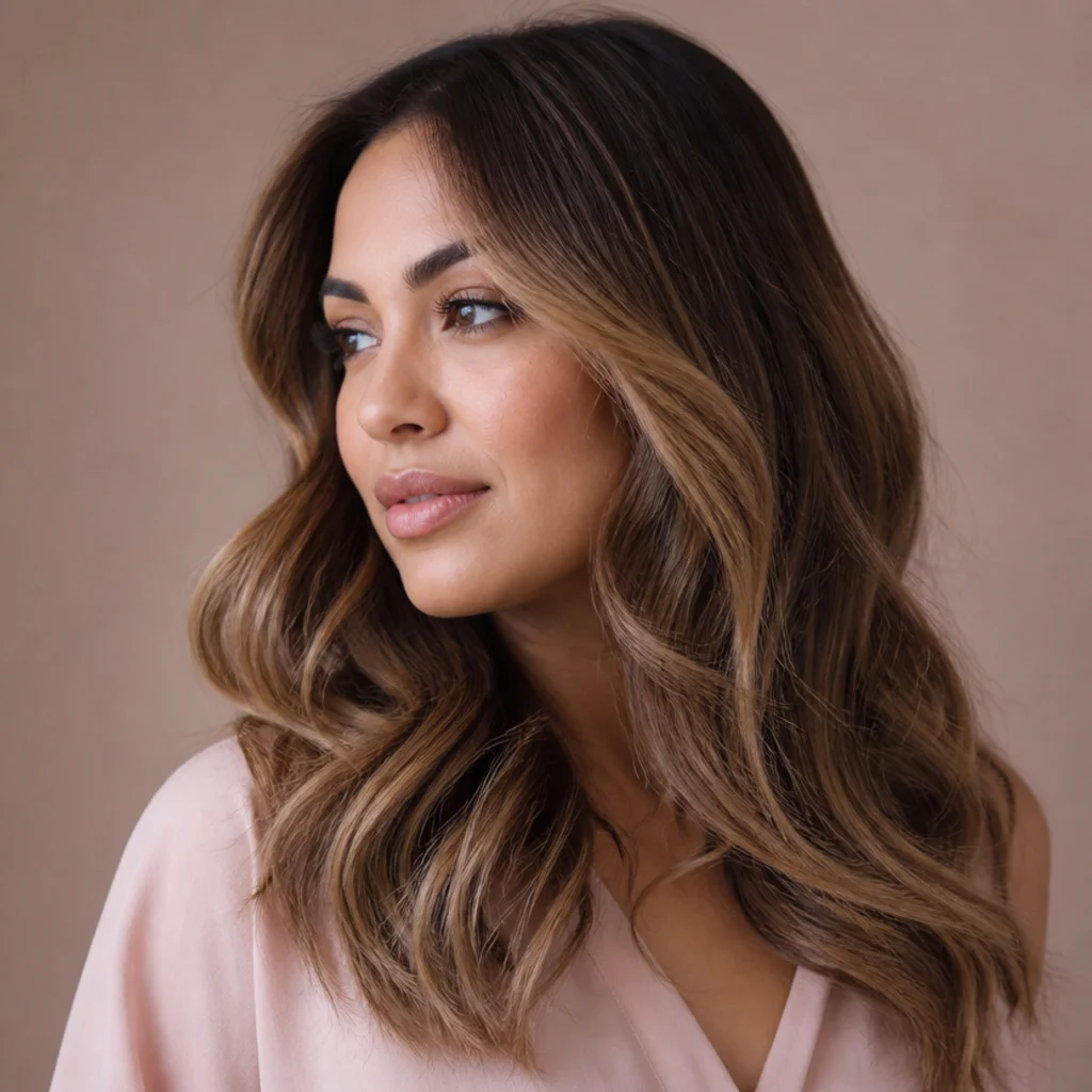 Three-quarter view of loosely waved brunette hair with golden lived-in balayage blended for a low-upkeep grow-out