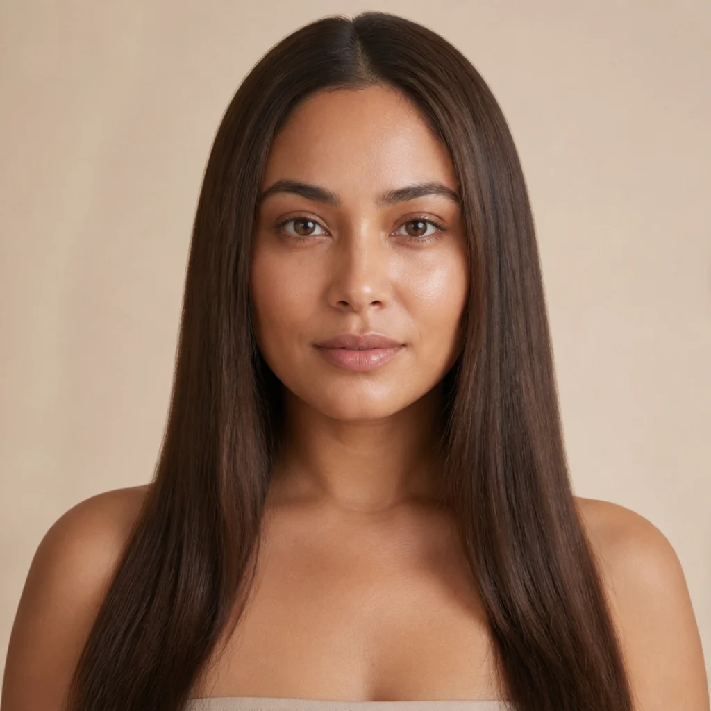 Front view of glossy single-level medium brown hair with no highlights or lowlights as a flat before reference
