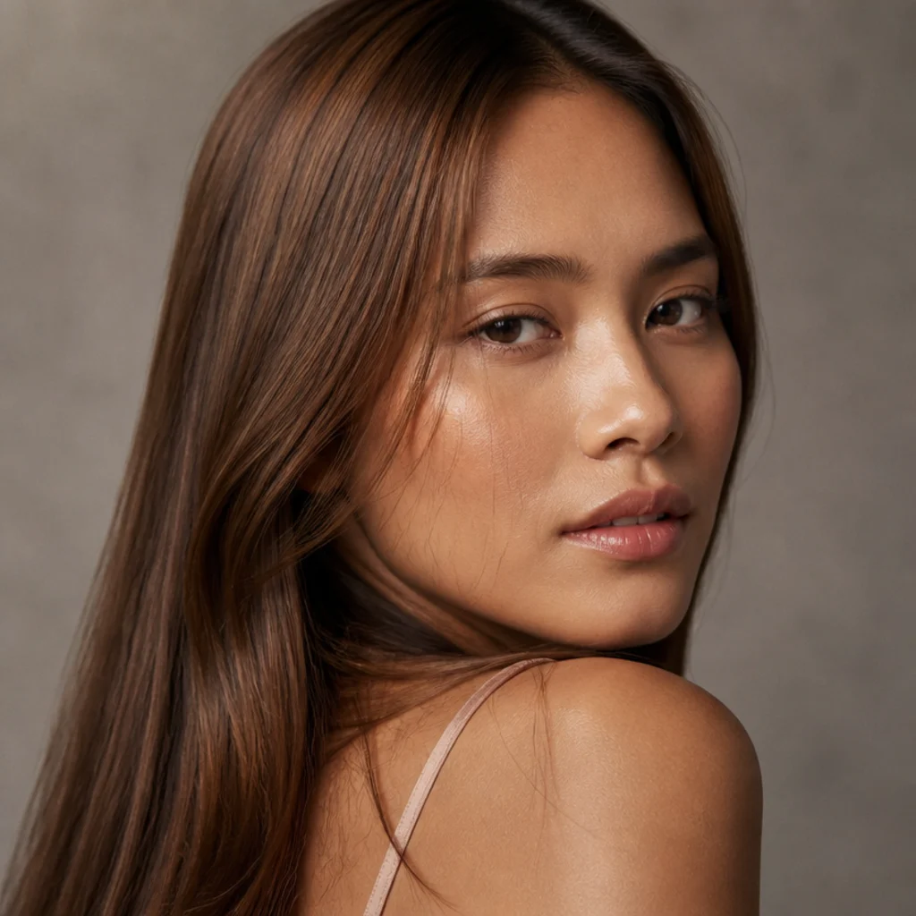 Three-quarter view of brown hair with a sheer warm demi-gloss adding shine and subtle golden warmth over a single base