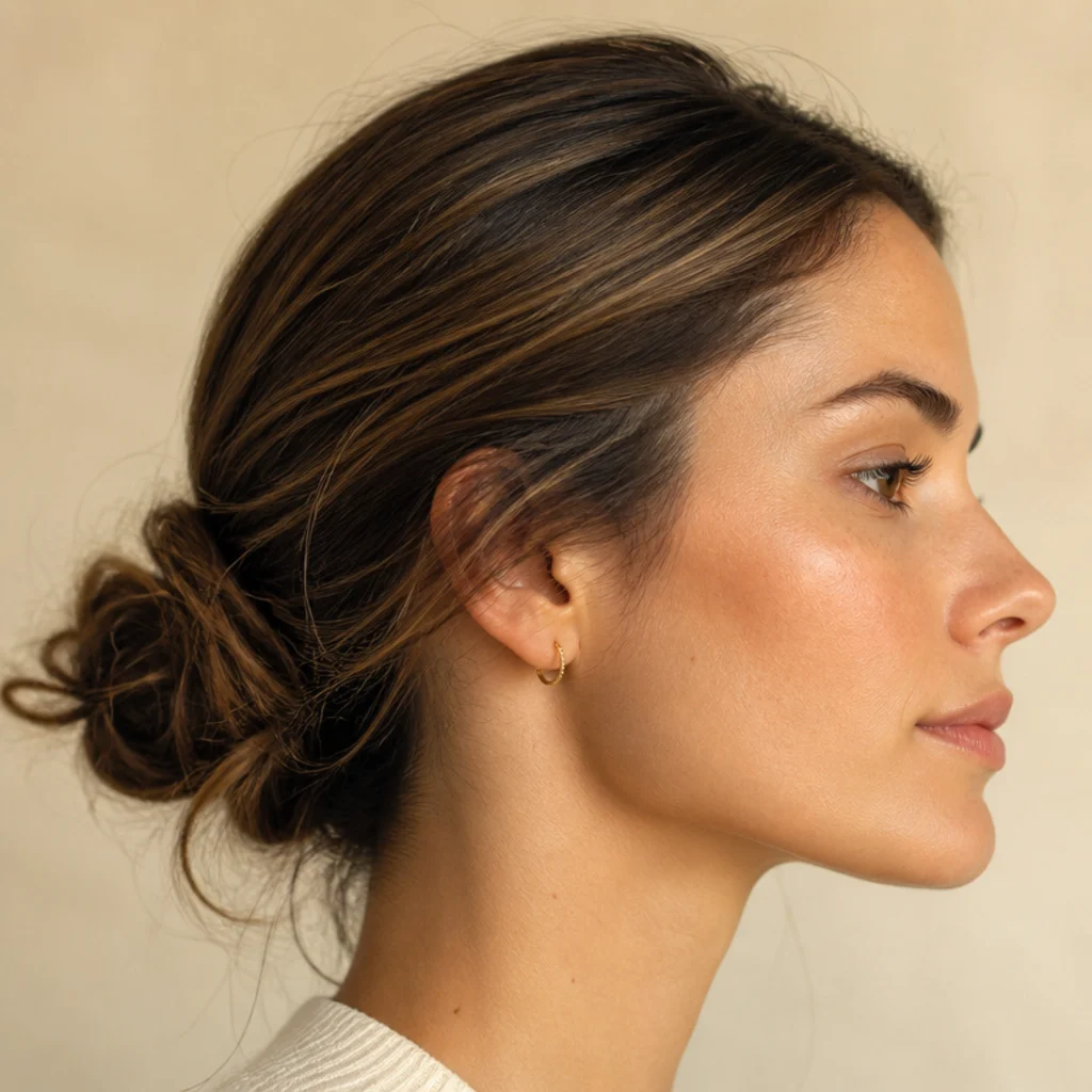 Side profile of brunette hair with fine subtle babylights woven closely around the crown for gentle natural dimension