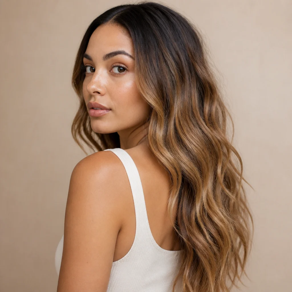 Three-quarter back view of a soft root shadow melting from deep brown into warm caramel mid-lengths on wavy hair