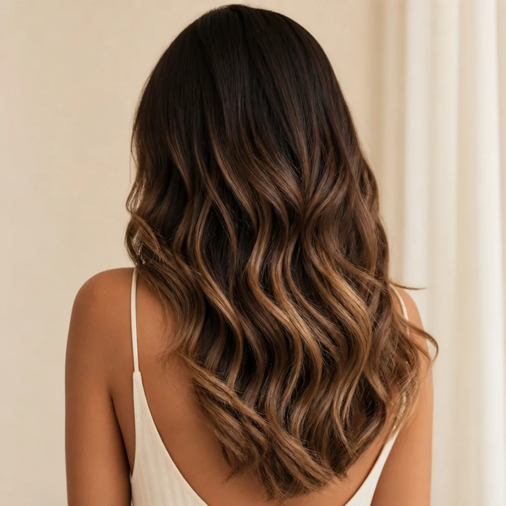 Back view of long chestnut hair with hand-painted caramel balayage sweeping softly from mid-lengths to ends